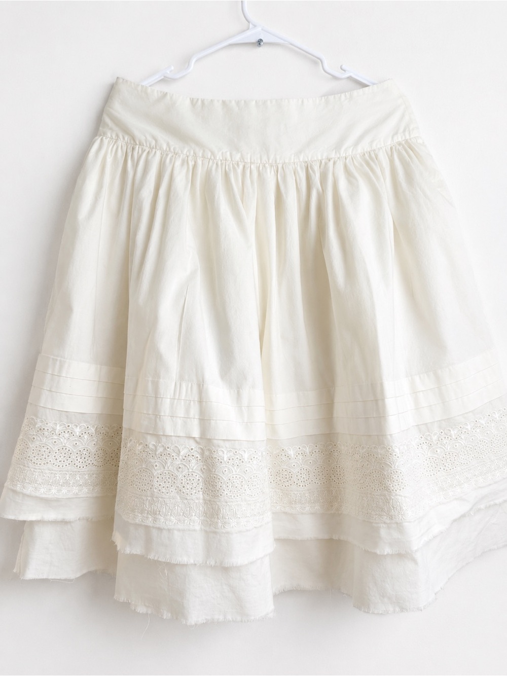 Côté Femme ivory Cotton Eyelet Midi Skirt – Size 38 Layered Raw Hem